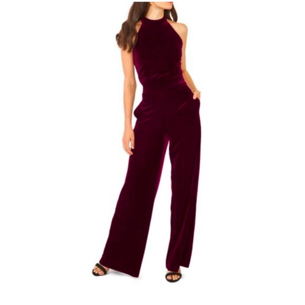 1.STATE Velvet Halter Jumpsuit Medium Burgundy